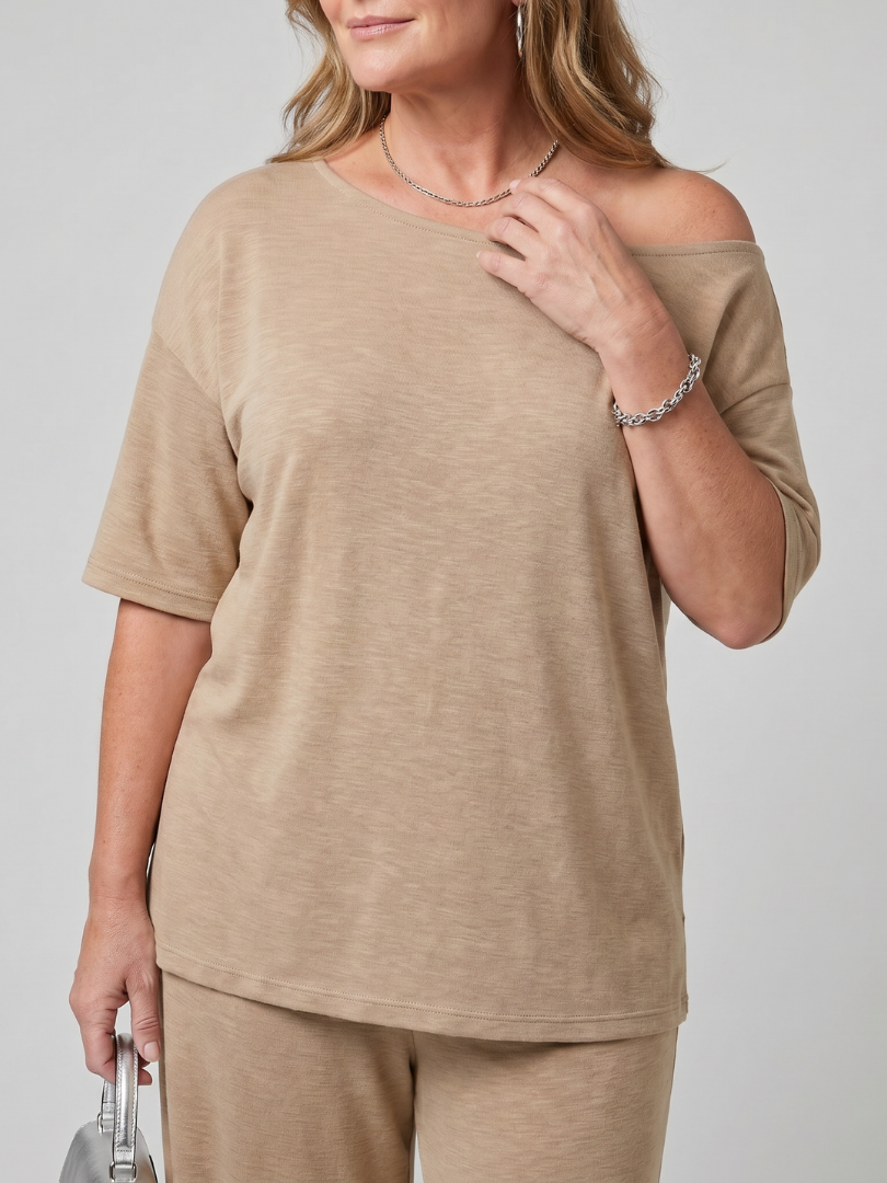 Elomae | Short Sleeve Off Shoulder Top And Wide Leg Pants Set