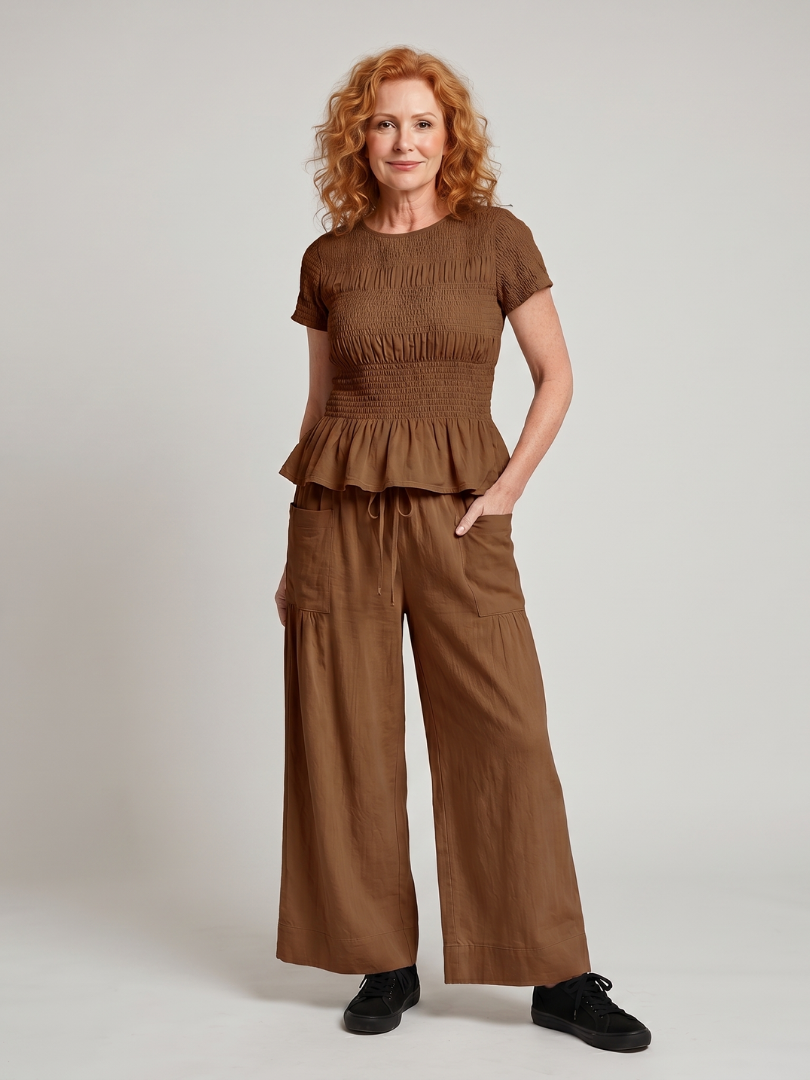 Selthea | Peplum Detail Smocked Top And Wide Leg Pants Set