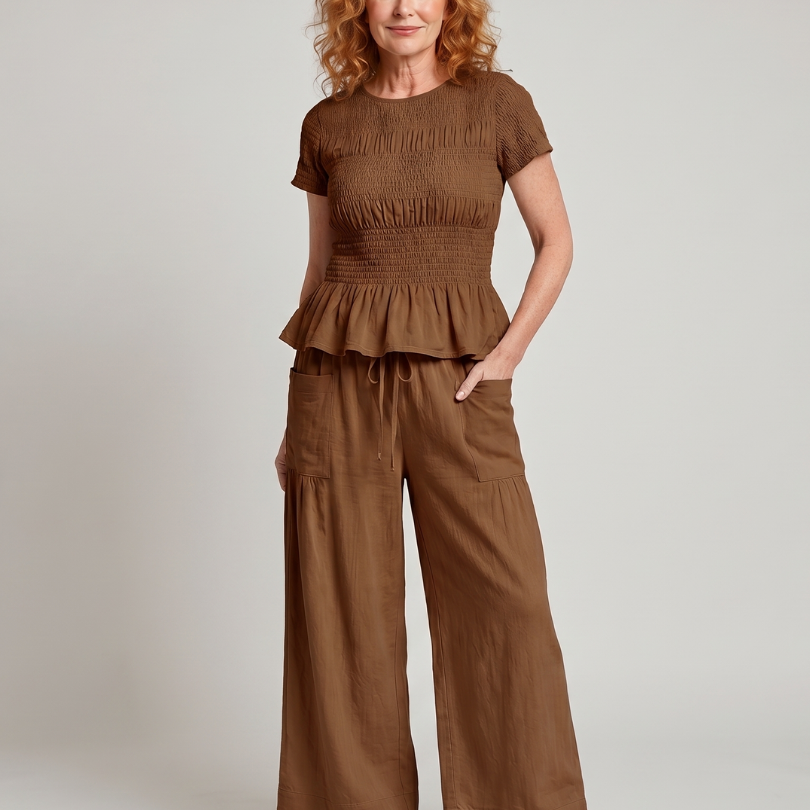 Selthea | Peplum Detail Smocked Top And Wide Leg Pants Set