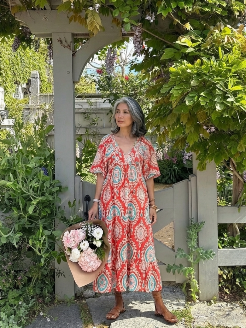 Lilasette | Paisley Print V Neck Short Sleeve Midi Dress