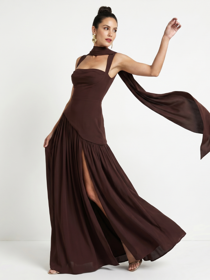 Fleurbelle | Cutout Neck Pleated Slit Maxi Dress
