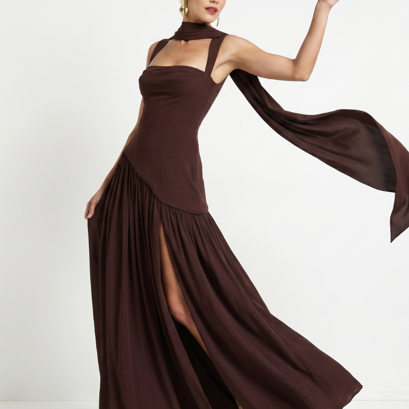 Fleurbelle | Cutout Neck Pleated Slit Maxi Dress