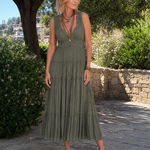 Romywynne | Pleated Sleeveless Tiered V Neck Midi Dress