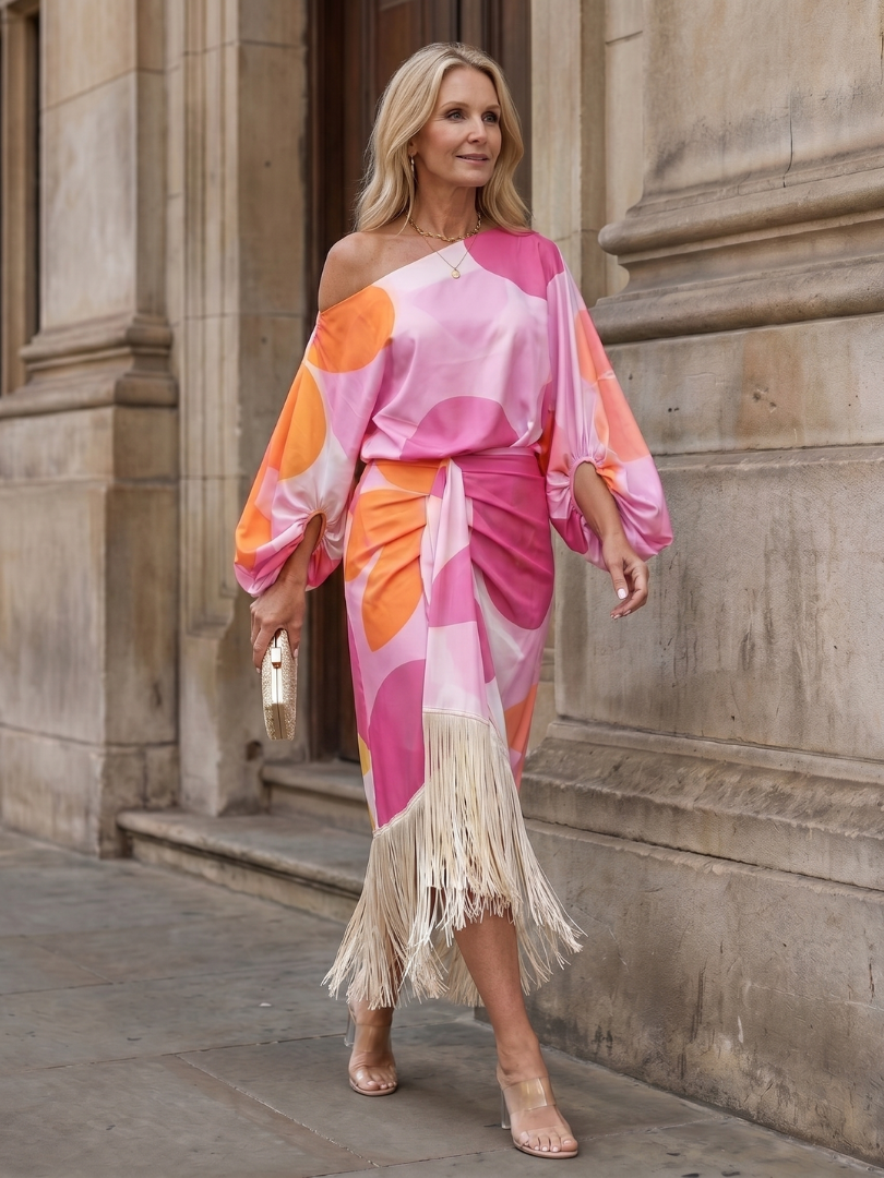 Briwynne | Abstract Print Fringe Hem Midi Dress