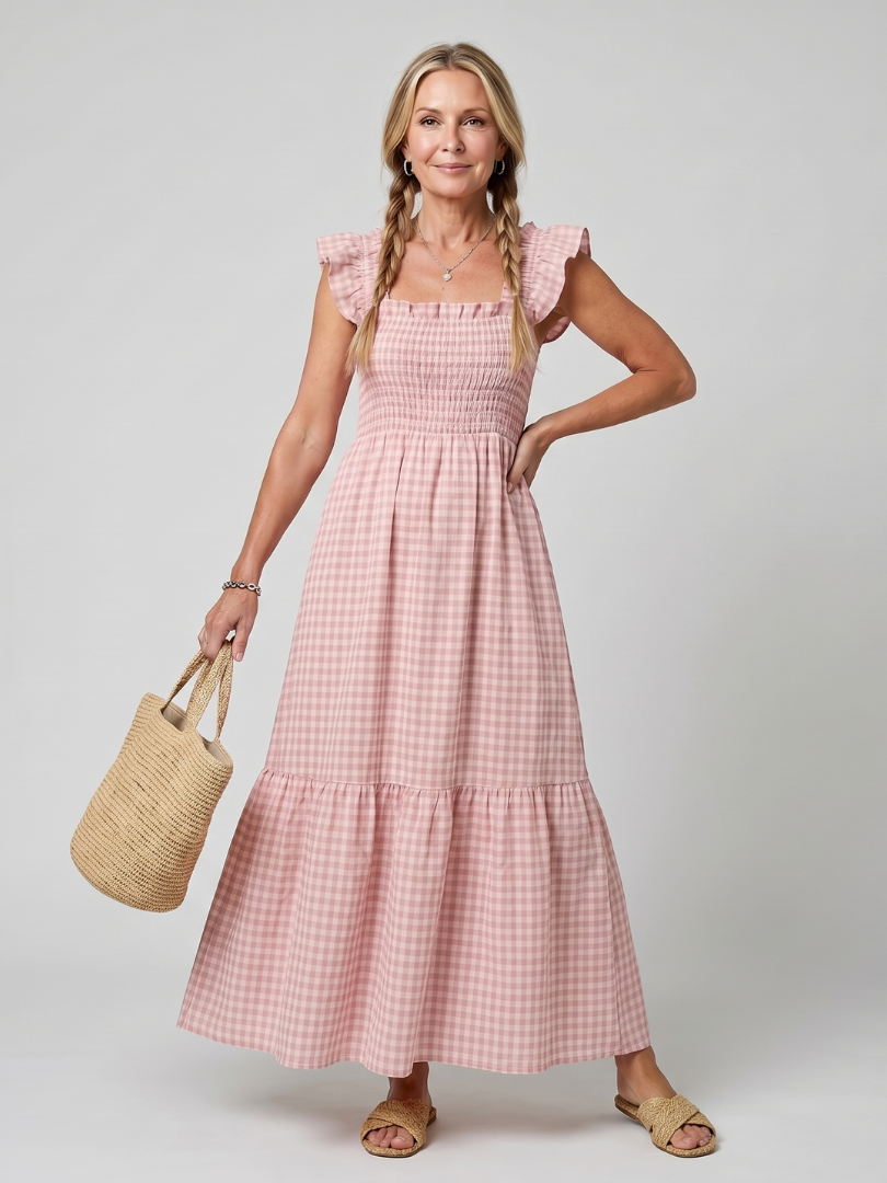 Sabdra | Sleeveless Square Neck Gingham Pattern Midi Dress