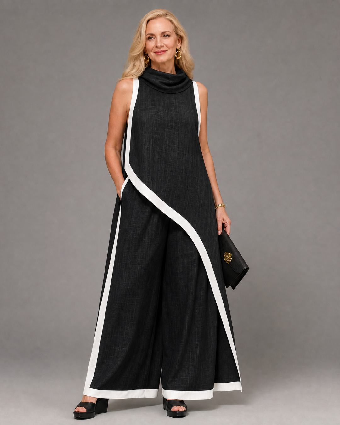 Tovarina | Contrast Trim Sleeveless Layered Top And Wide Leg Pants Set