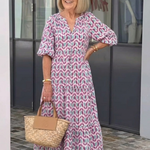 Corbeth | Geometric Print Long Sleeve Tiered Midi Dress