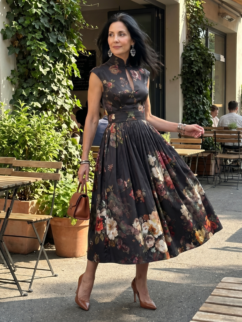 Serania | High Neck Keyhole Floral Pleated Midi Dress