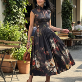 Serania | High Neck Keyhole Floral Pleated Midi Dress