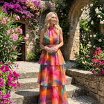Vellora | Natural Floral Halter Cutout Tiered Maxi Dress