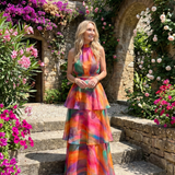 Vellora | Natural Floral Halter Cutout Tiered Maxi Dress