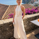 Frerina | Belted High Neck Wide Leg Sleeveless Jumpsuit