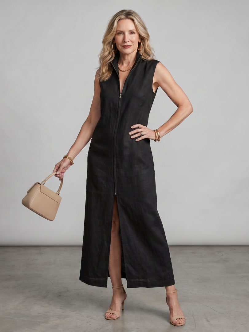 Norrin | High Collar Front Slit Midi Dress