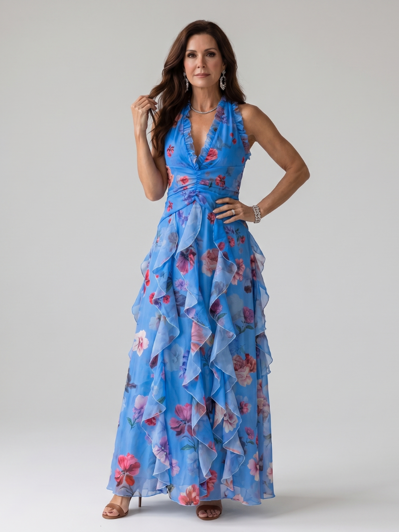 Liabeth | Halter Neck Ruched Bodice Floral Maxi Dress