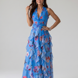 Liabeth | Halter Neck Ruched Bodice Floral Maxi Dress