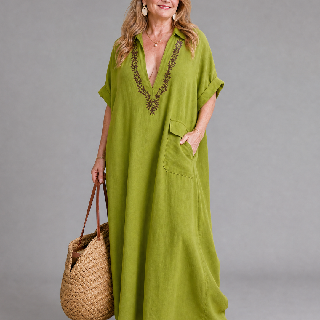 Faera | Embroidered V Neck Pocket Detail Relaxed Midi Dress