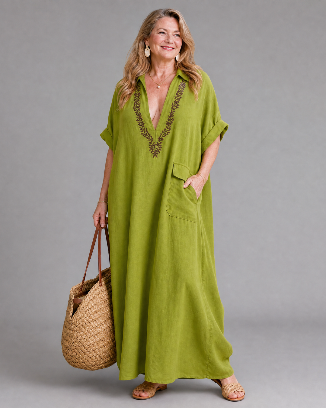Faera | Embroidered V Neck Pocket Detail Relaxed Midi Dress