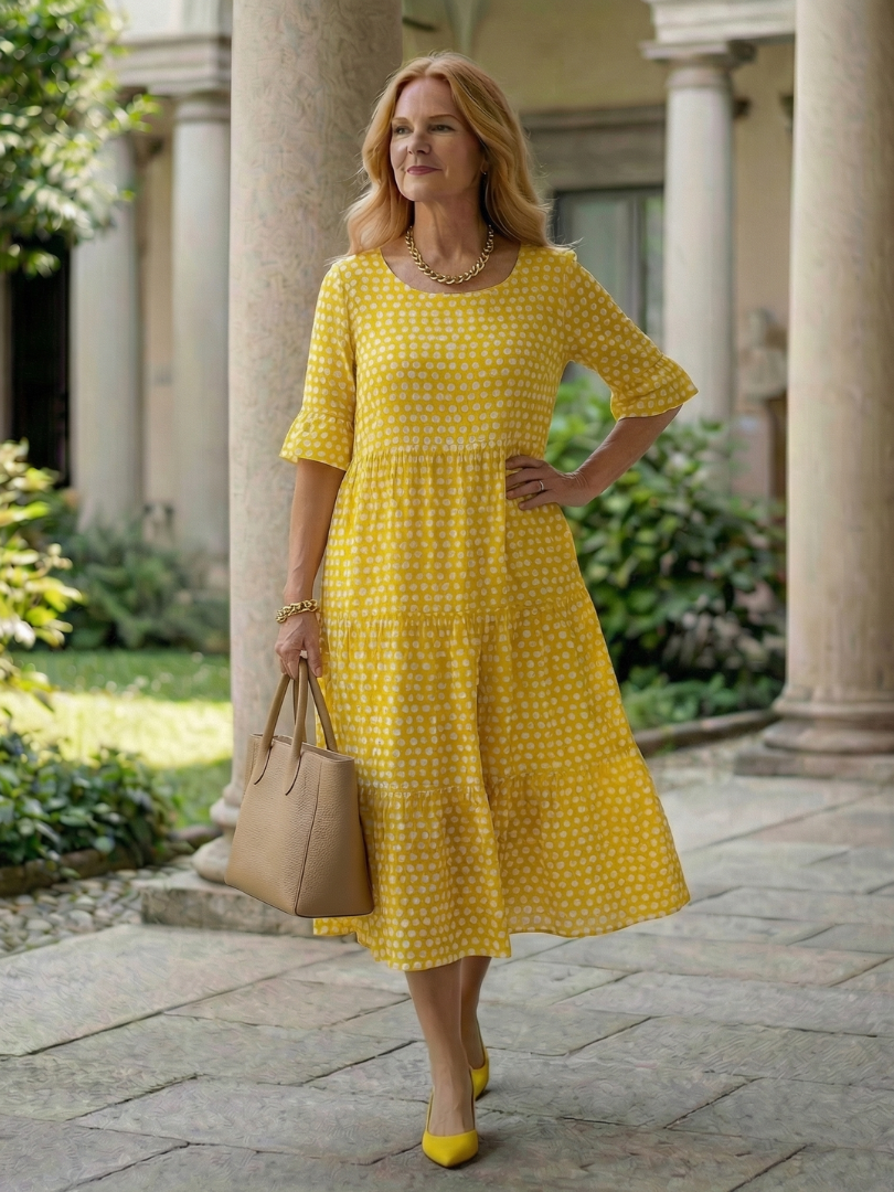 Thalwynne | Polka Dot Tiered Midi Dress Short Sleeve