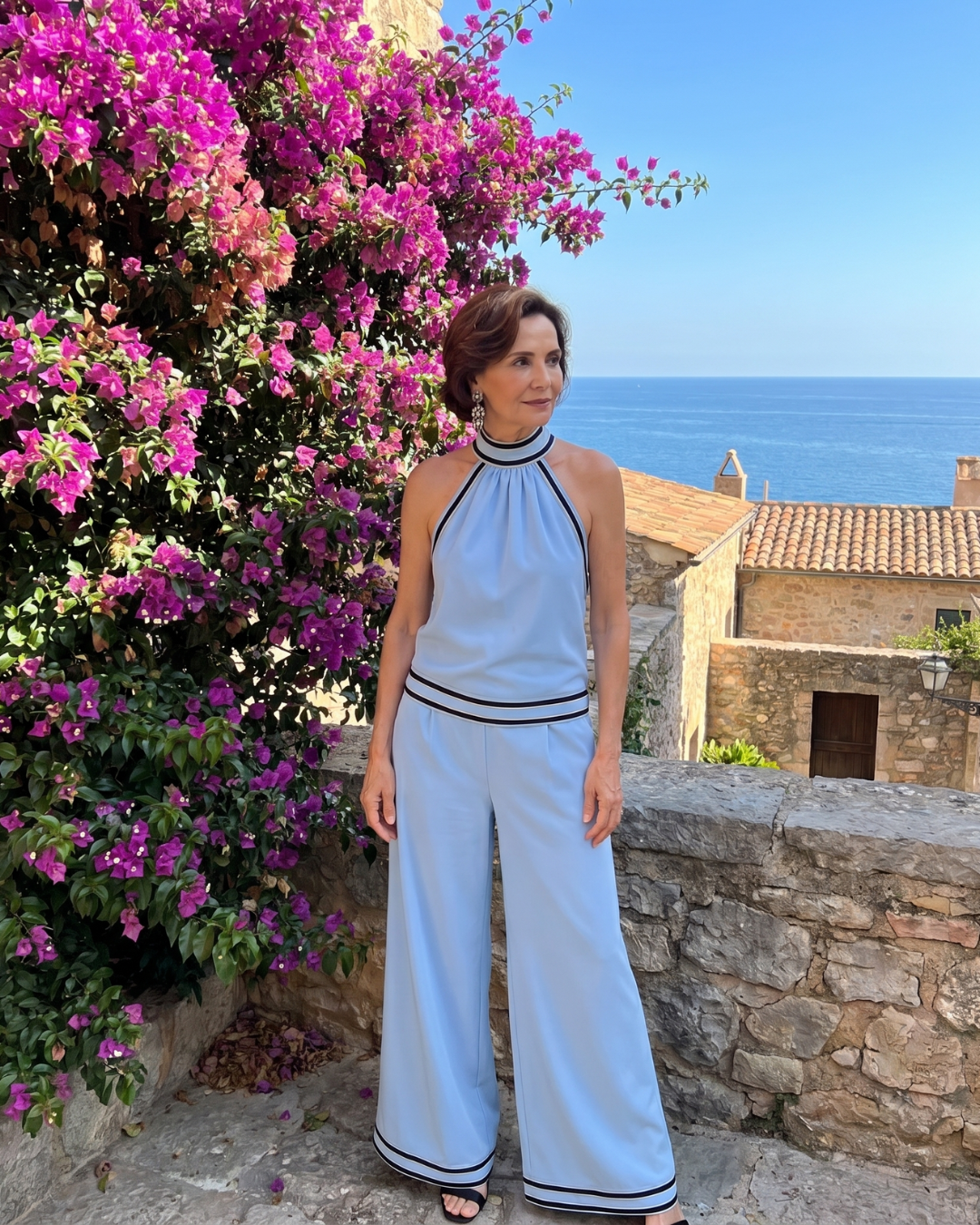 Elira | Contrast Trim Halter Neck Wide Leg Jumpsuit
