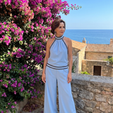 Elira | Contrast Trim Halter Neck Wide Leg Jumpsuit