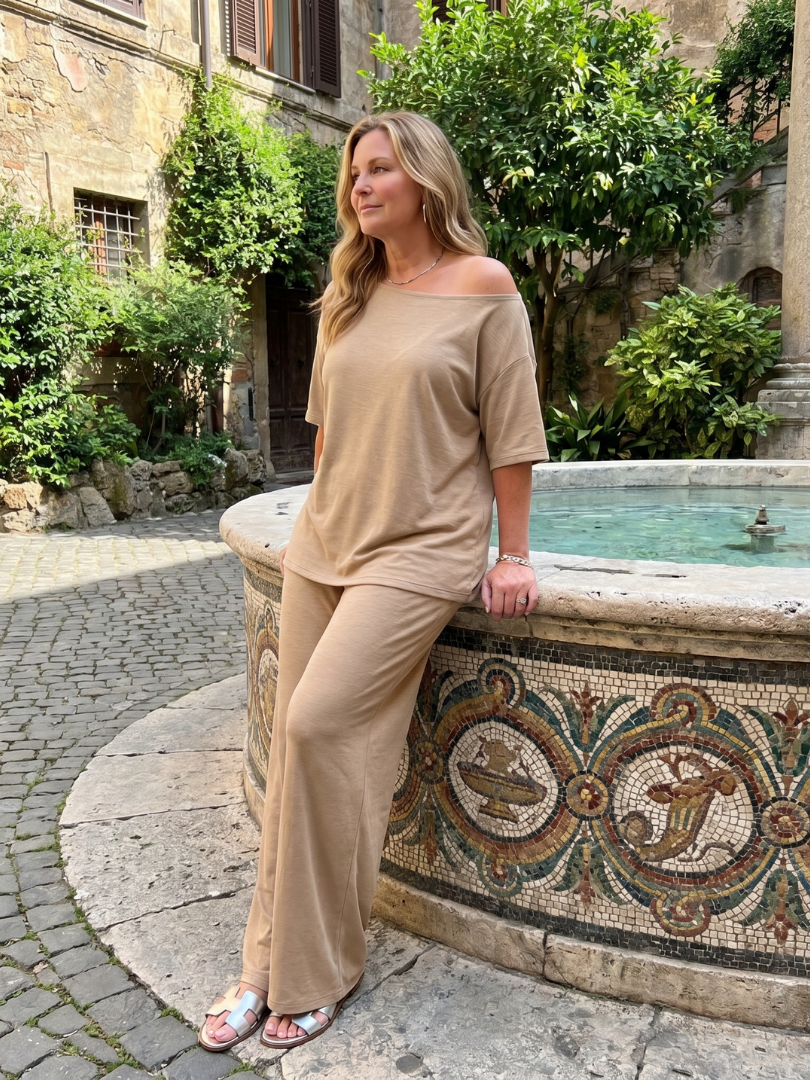 Elomae | Short Sleeve Off Shoulder Top And Wide Leg Pants Set