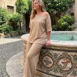 Elomae | Short Sleeve Off Shoulder Top And Wide Leg Pants Set