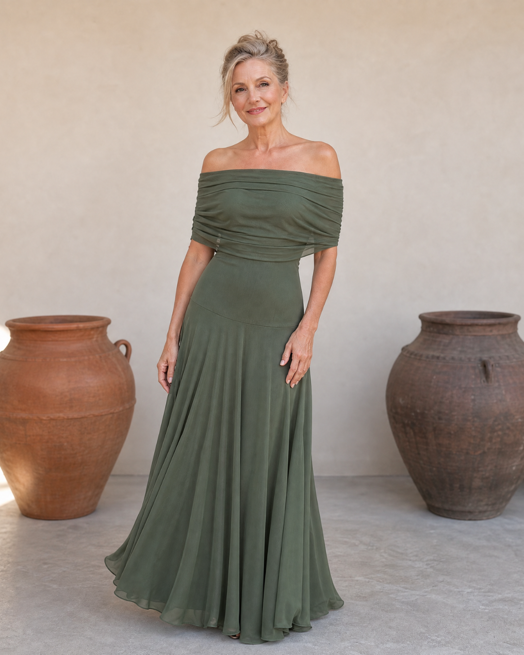 Clawynne | Off Shoulder Draped Bodice Flowing Maxi Dress