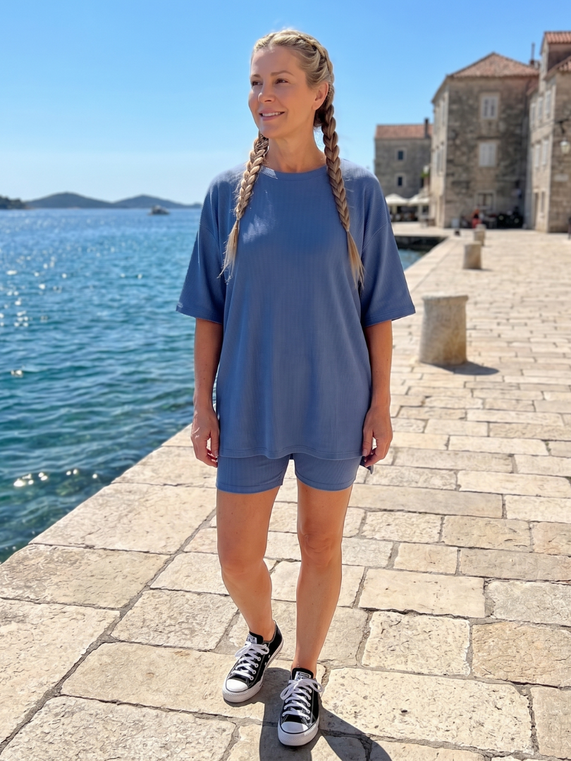 Clasia | Short Sleeve Crew Neck Top And Biker Shorts Set