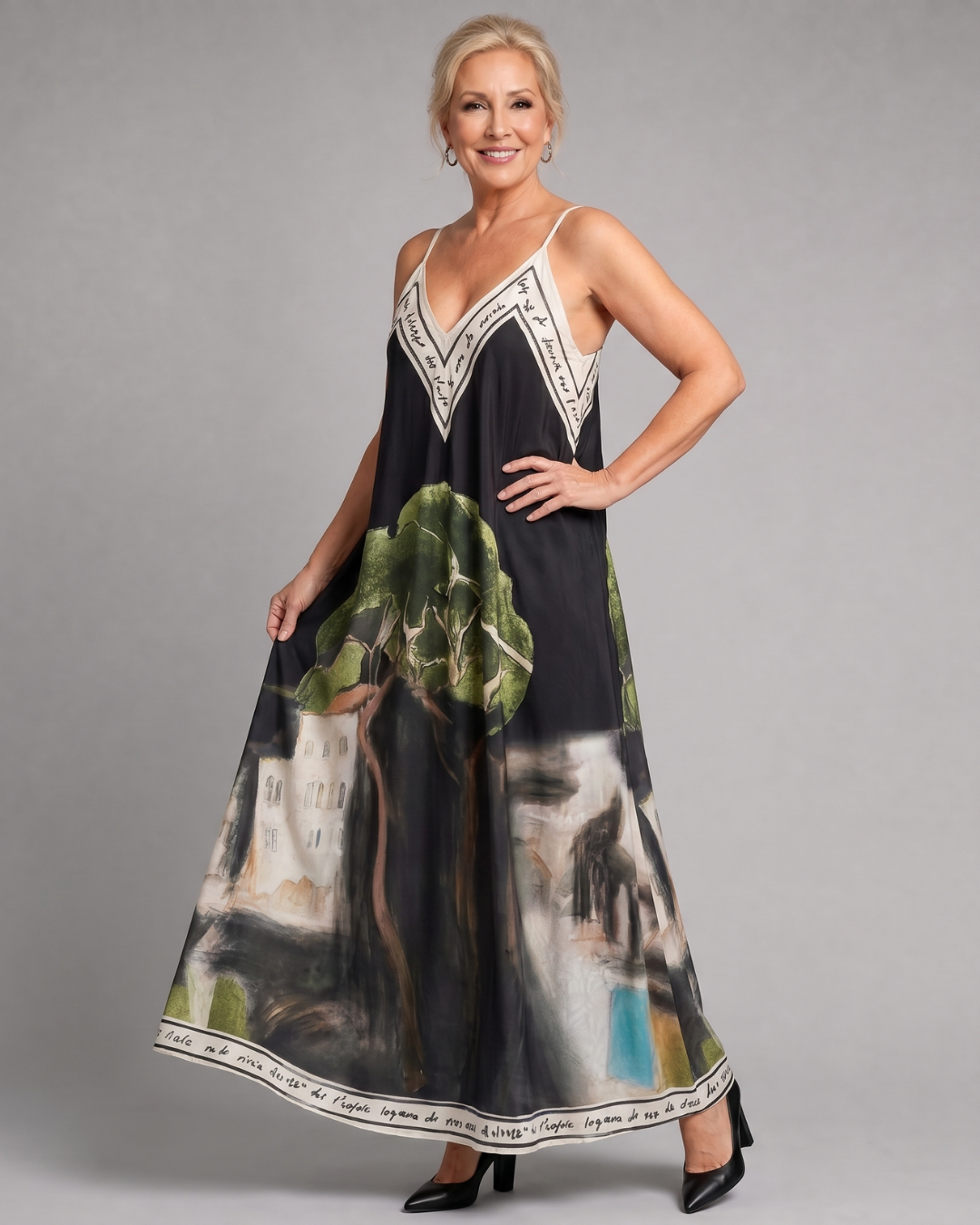 Caslyn | Scenic Print Sleeveless Flowing Midi Dress