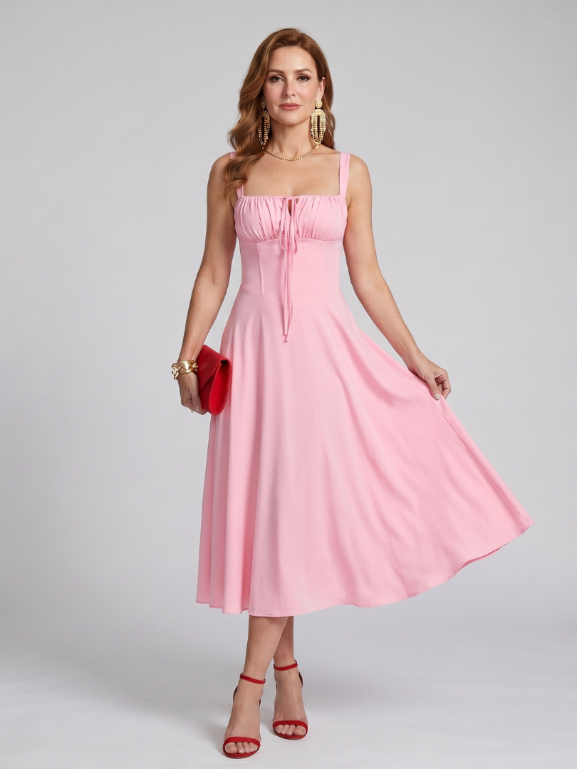 Kalwynne | Spaghetti Strap Ruched Bodice Midi Dress