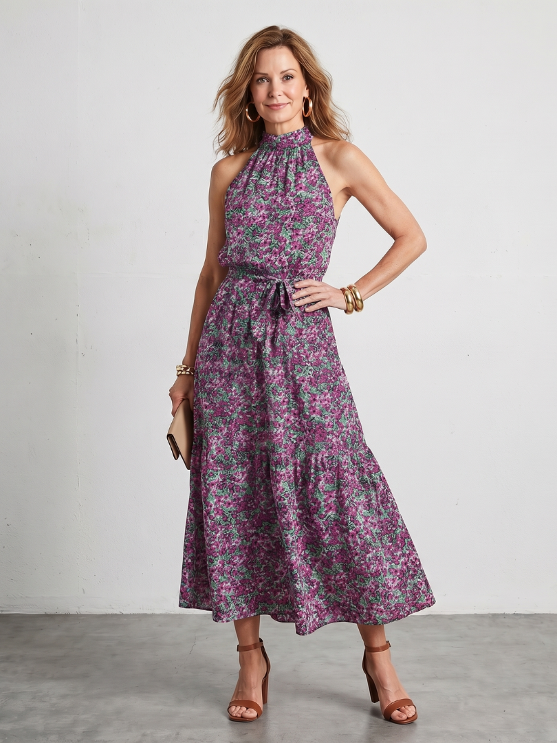 Tesdra | High Neck Floral Tiered Midi Dress