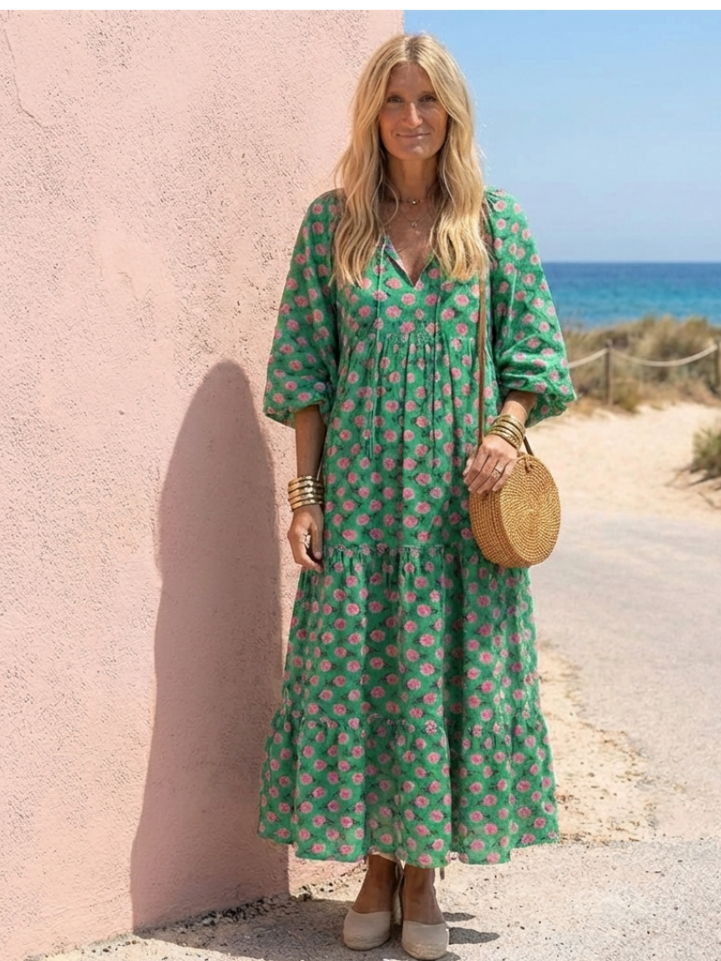 Tovada | Floral Print V Neck Tiered Midi Dress