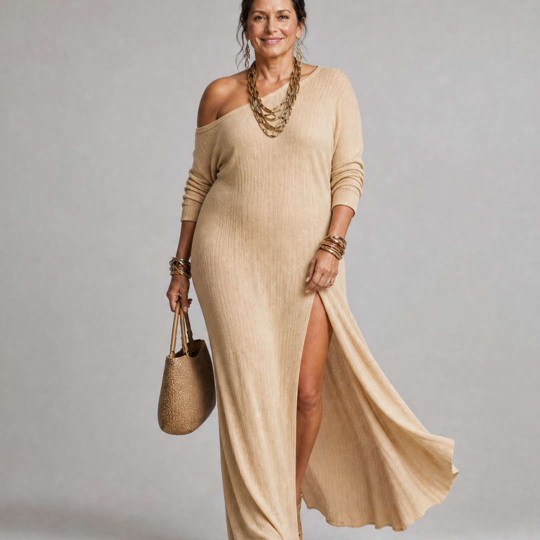 Mildra | One Shoulder Side Slit Flowing Midi Dress