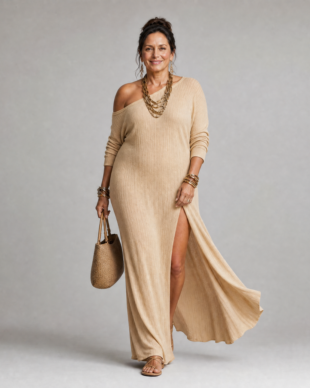 Mildra | One Shoulder Side Slit Flowing Midi Dress