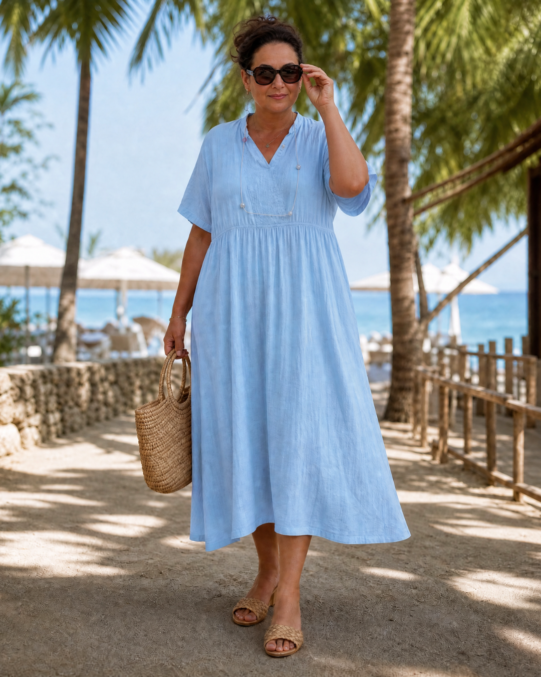 Thallyn | Textured V Neck Relaxed Short Sleeve Midi Dress