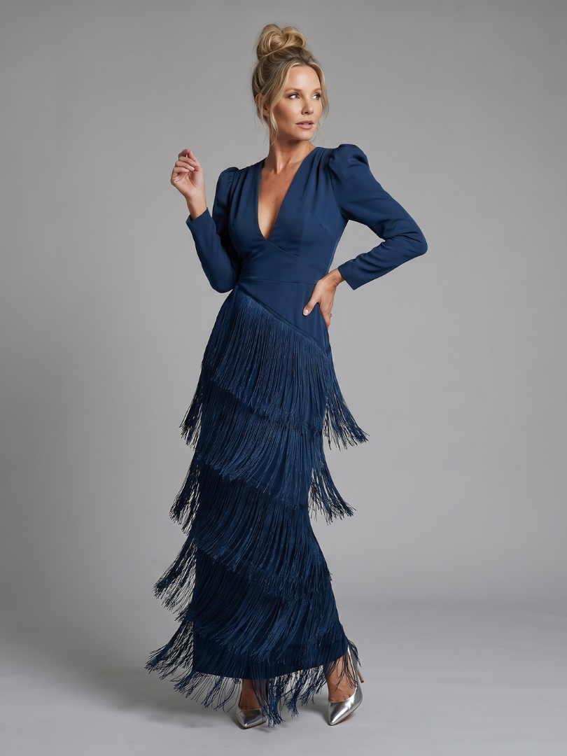 Milbeth | Long Sleeve Soft Fringe Skirt Midi Dress