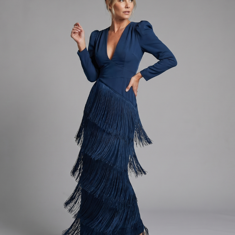 Milbeth | Long Sleeve Soft Fringe Skirt Midi Dress