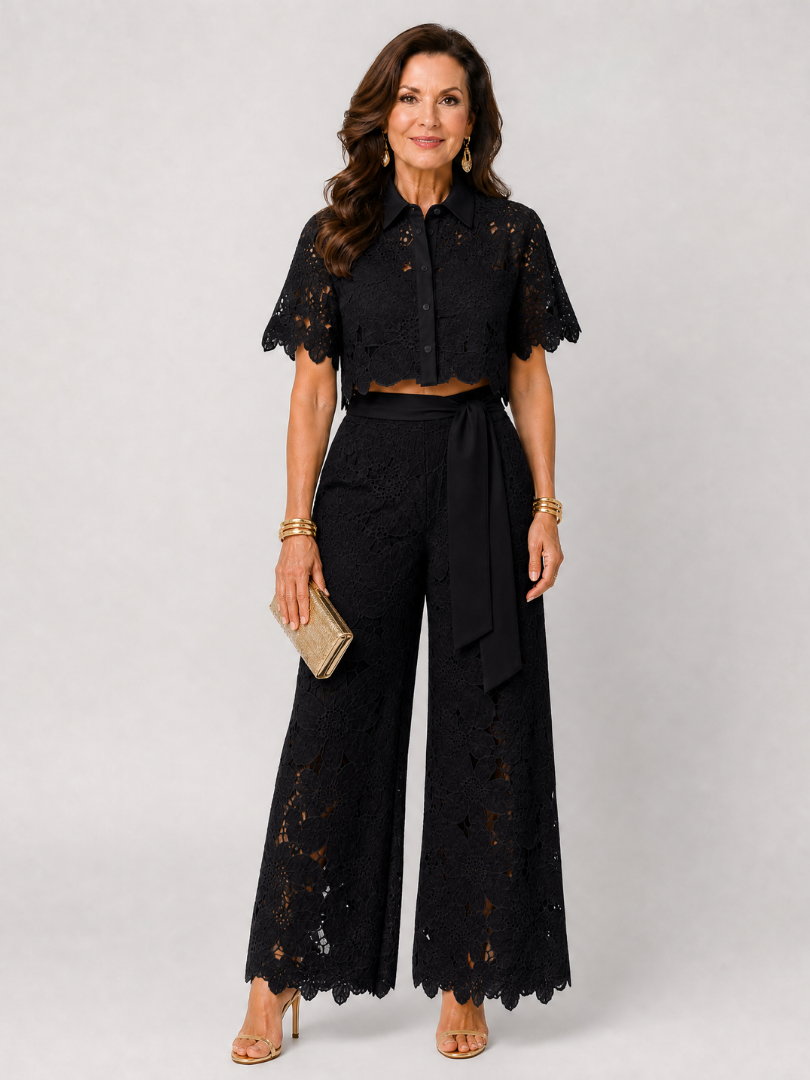 Elobelle | Lace Button Front Two Piece Pant Set