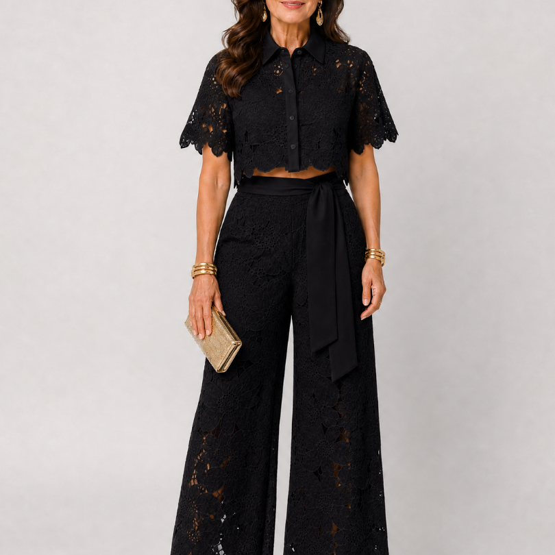 Elobelle | Lace Button Front Two Piece Pant Set