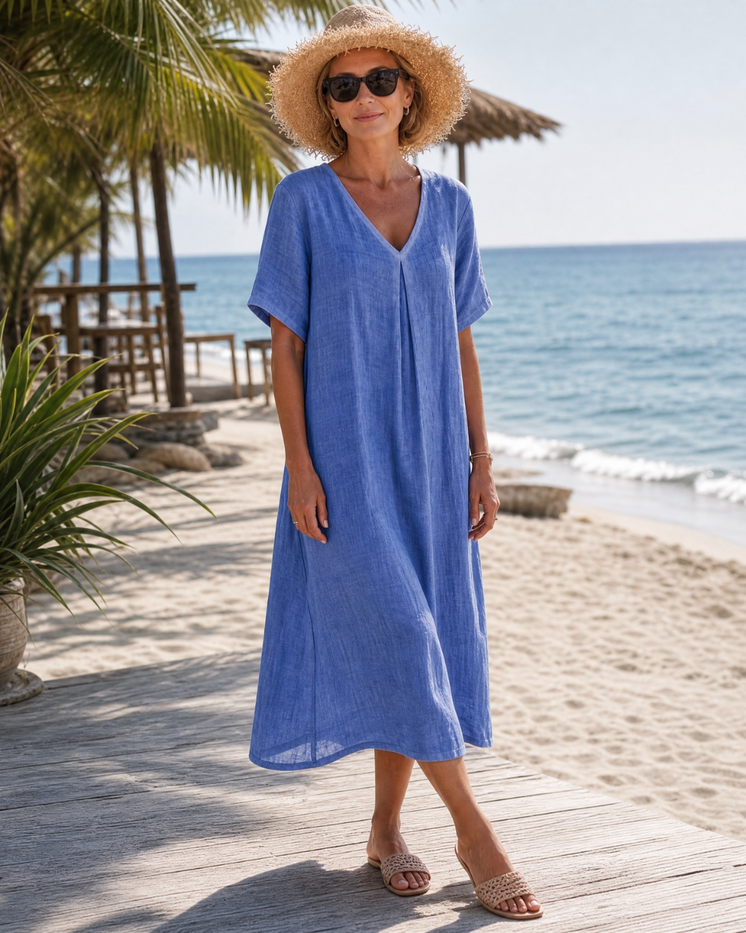 Faevia | Washed Cotton Blend V Neck Relaxed Midi Dress