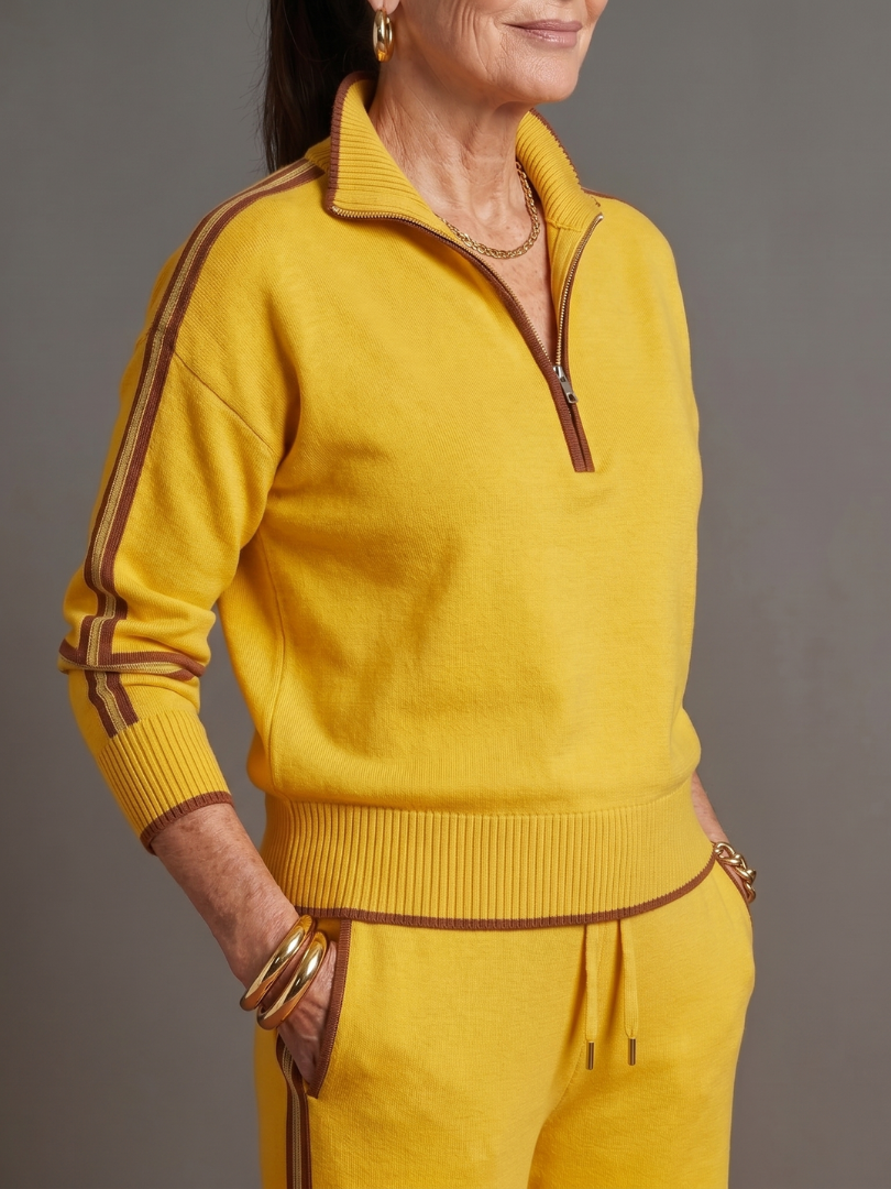 Della | Zip Neck Long Sleeve Side Stripe Leg Pants Set