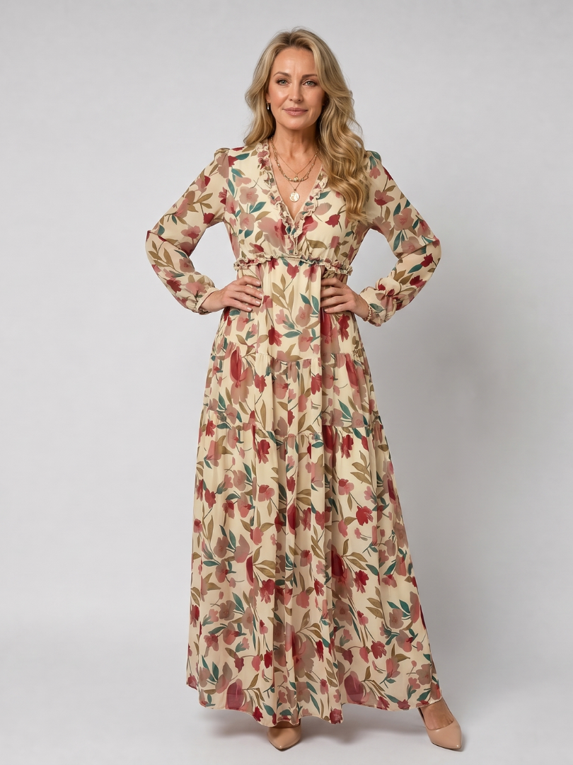 Tovawyn | Floral Print Long Sleeve Tiered Maxi Dress