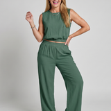 Nevine | Sleeveless Crew Neck Elastic Waist Leg Pants Set