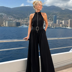 Frerina | Belted High Neck Wide Leg Sleeveless Jumpsuit