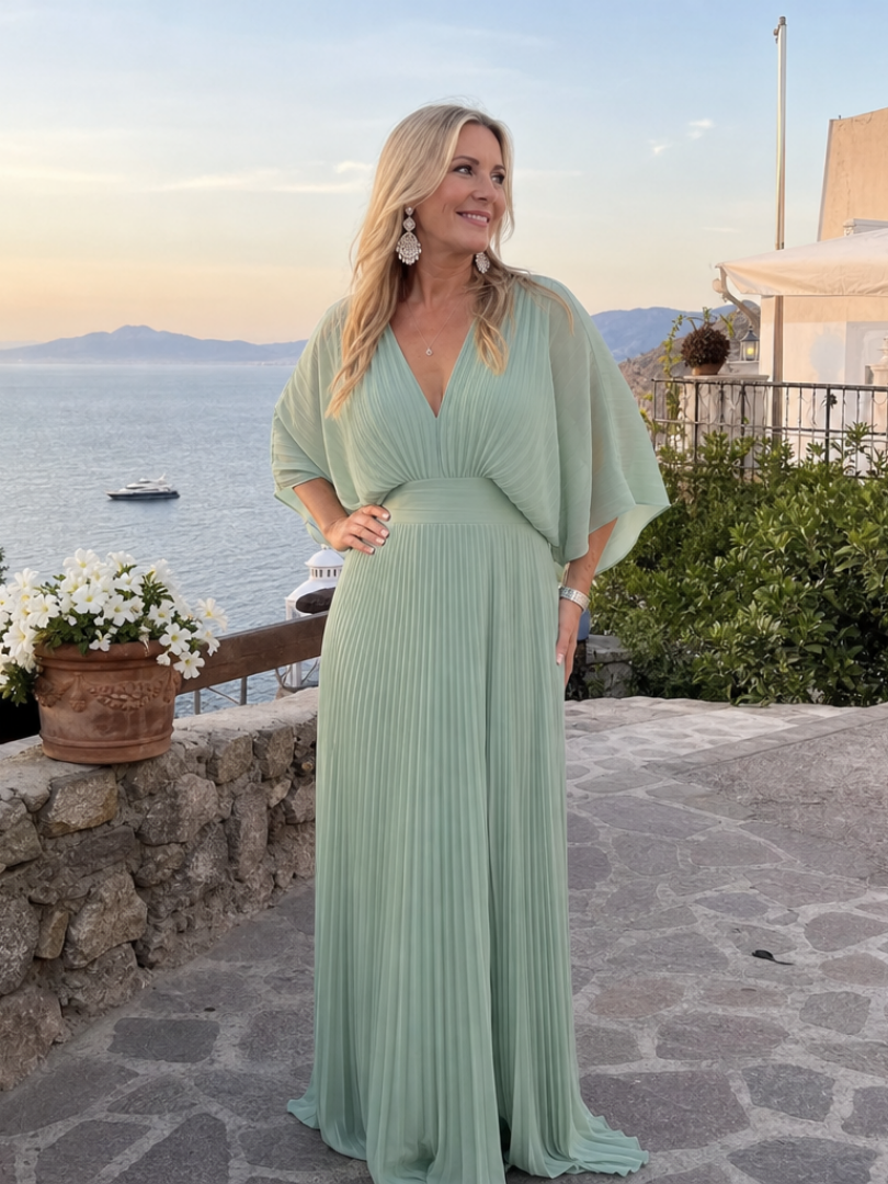 Isawen | V Neck Long Sleeve Pleated Maxi Dress