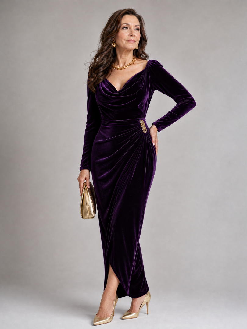 Zarrose | Draped Cowl Neck Satin Midi Dress
