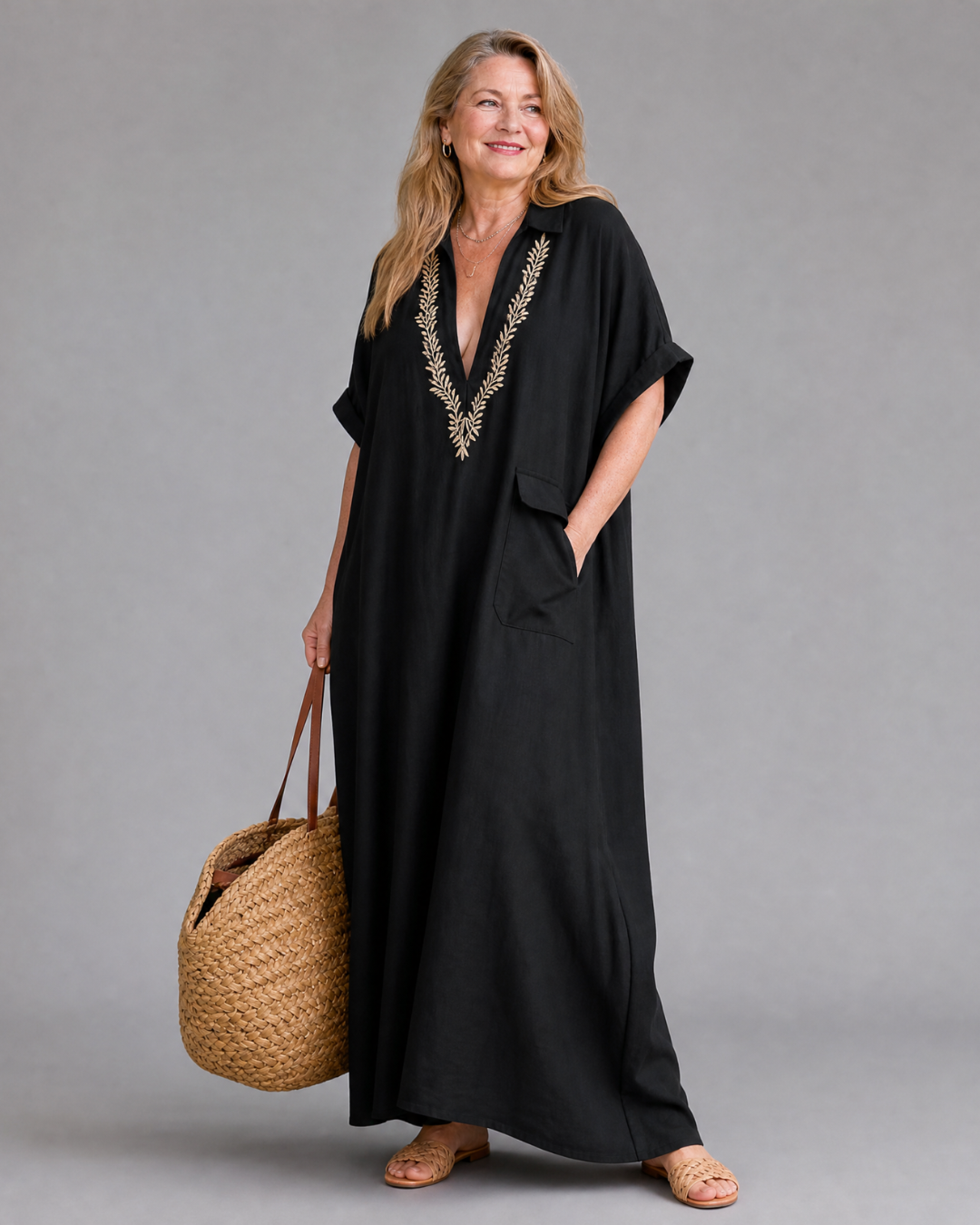 Faera | Embroidered V Neck Pocket Detail Relaxed Midi Dress