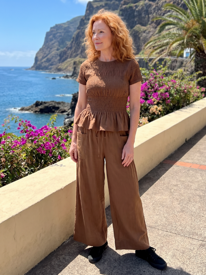 Selthea | Peplum Detail Smocked Top And Wide Leg Pants Set