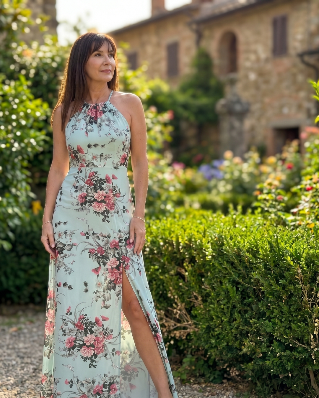 Saffwyn | Floral Halter Neck Side Slit Midi Dress