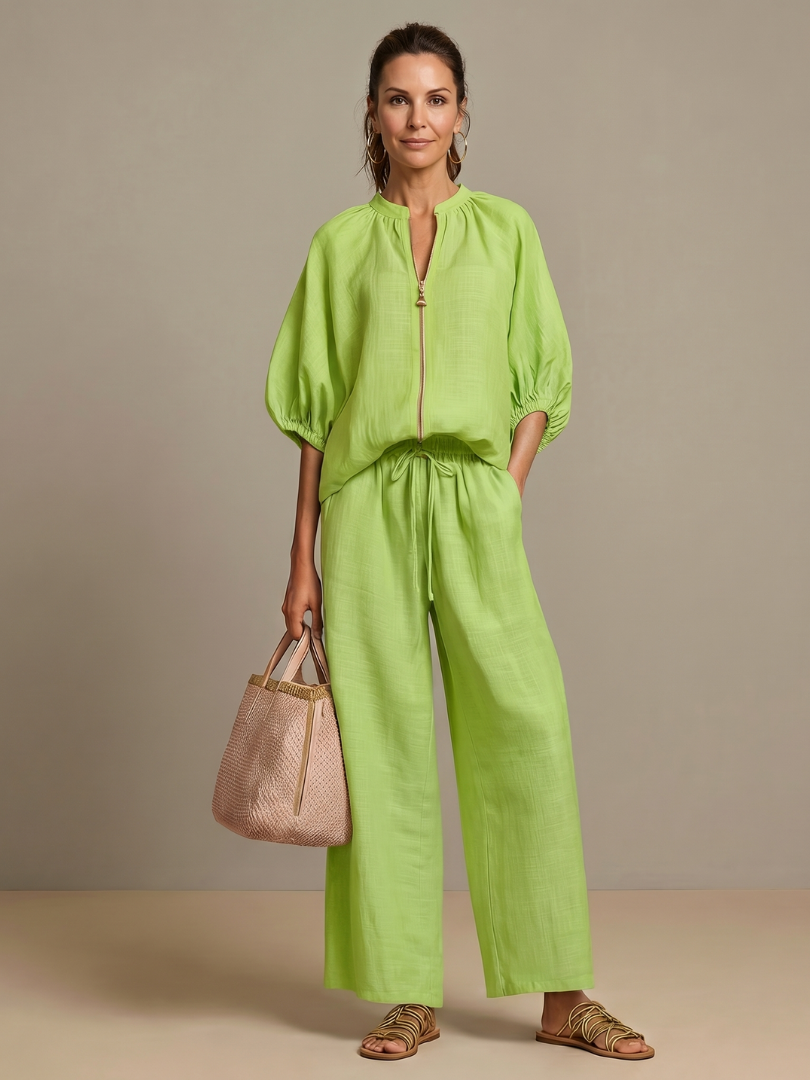 Halrin | Zip Front Blouson Top Wide Leg Set